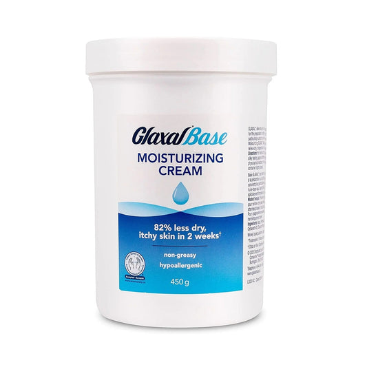 Product label for Glaxal Base Moisturizing Cream (450 grams) in English