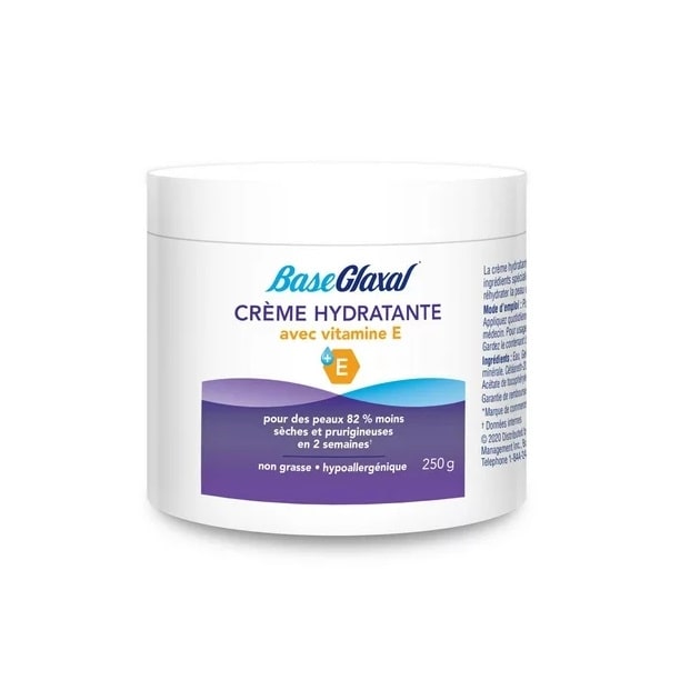 Product label for Glaxal Base Moisturizing Cream with Vitamin E (250 grams) in French