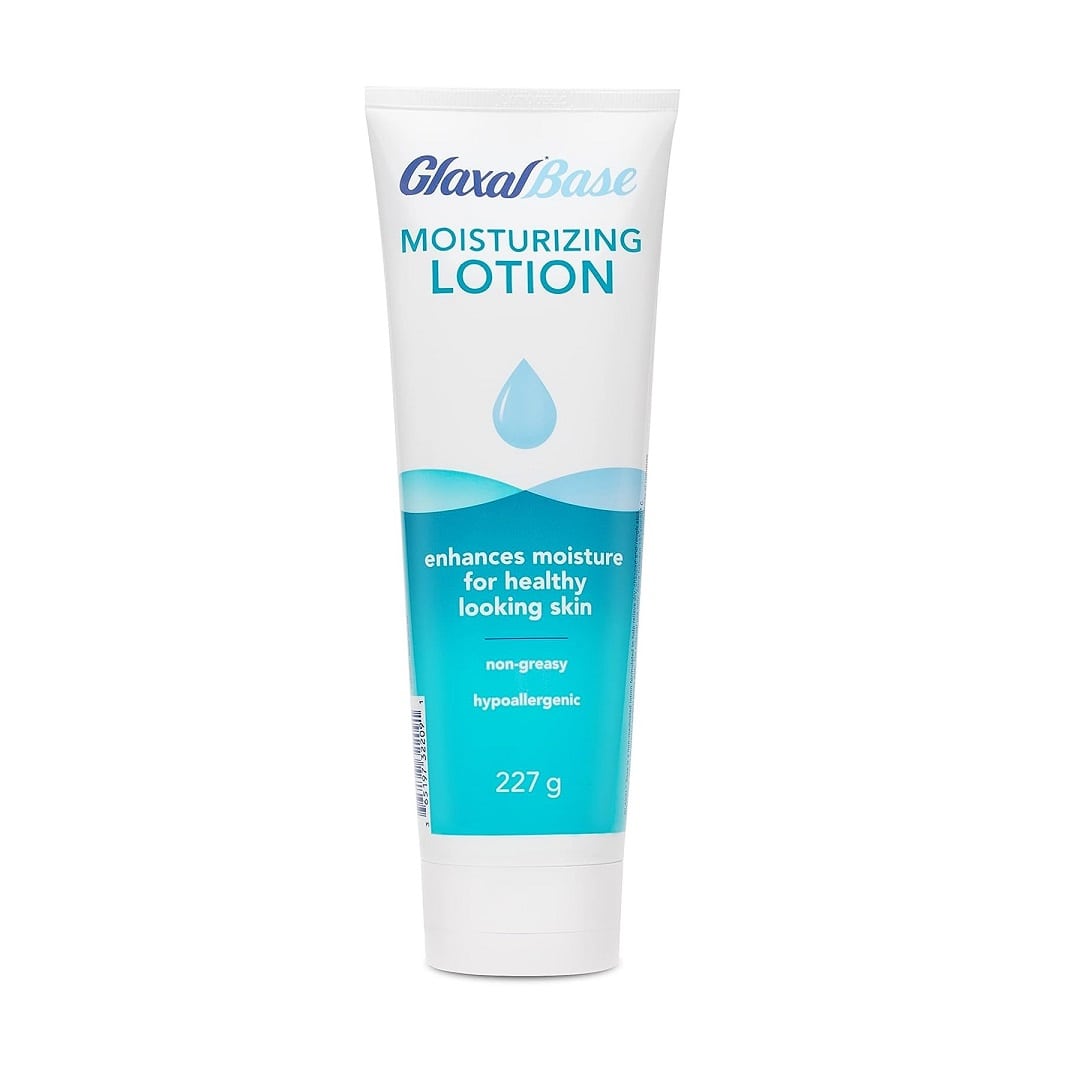Product label for Glaxal Base Moisturizing Lotion (227 grams) in English