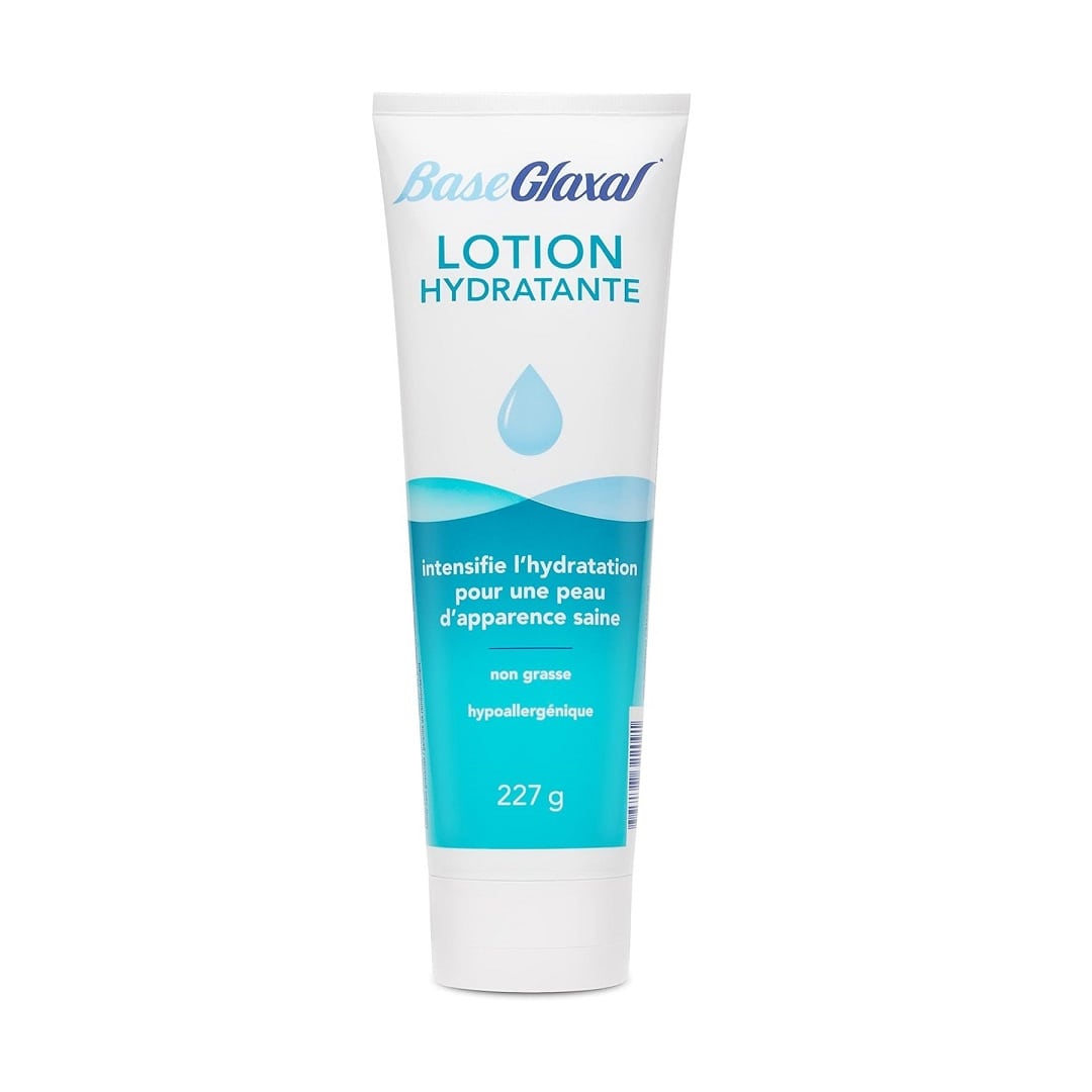 Product label for Glaxal Base Moisturizing Lotion (227 grams) in French