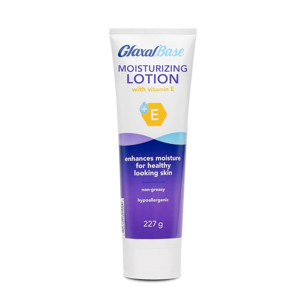 Product label for Glaxal Base Moisturizing Lotion with Vitamin E (227 grams) in English