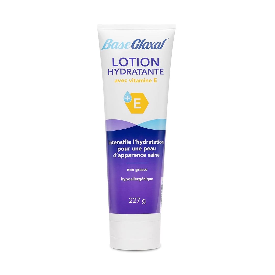 Product label for Glaxal Base Moisturizing Lotion with Vitamin E (227 grams) in French