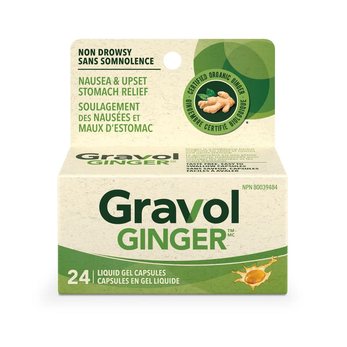 Product label for Gravol Ginger Liquid Gel 500 mg (24 count)