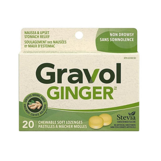 Product label for Gravol Ginger Lozenges (20 count)
