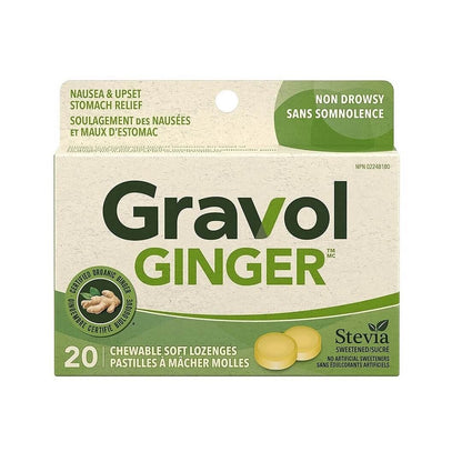 Product label for Gravol Ginger Lozenges (20 count)