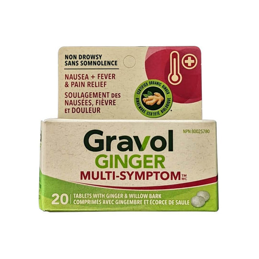 Product label for Gravol Ginger Multi-Symptom Relief (20 tablets)
