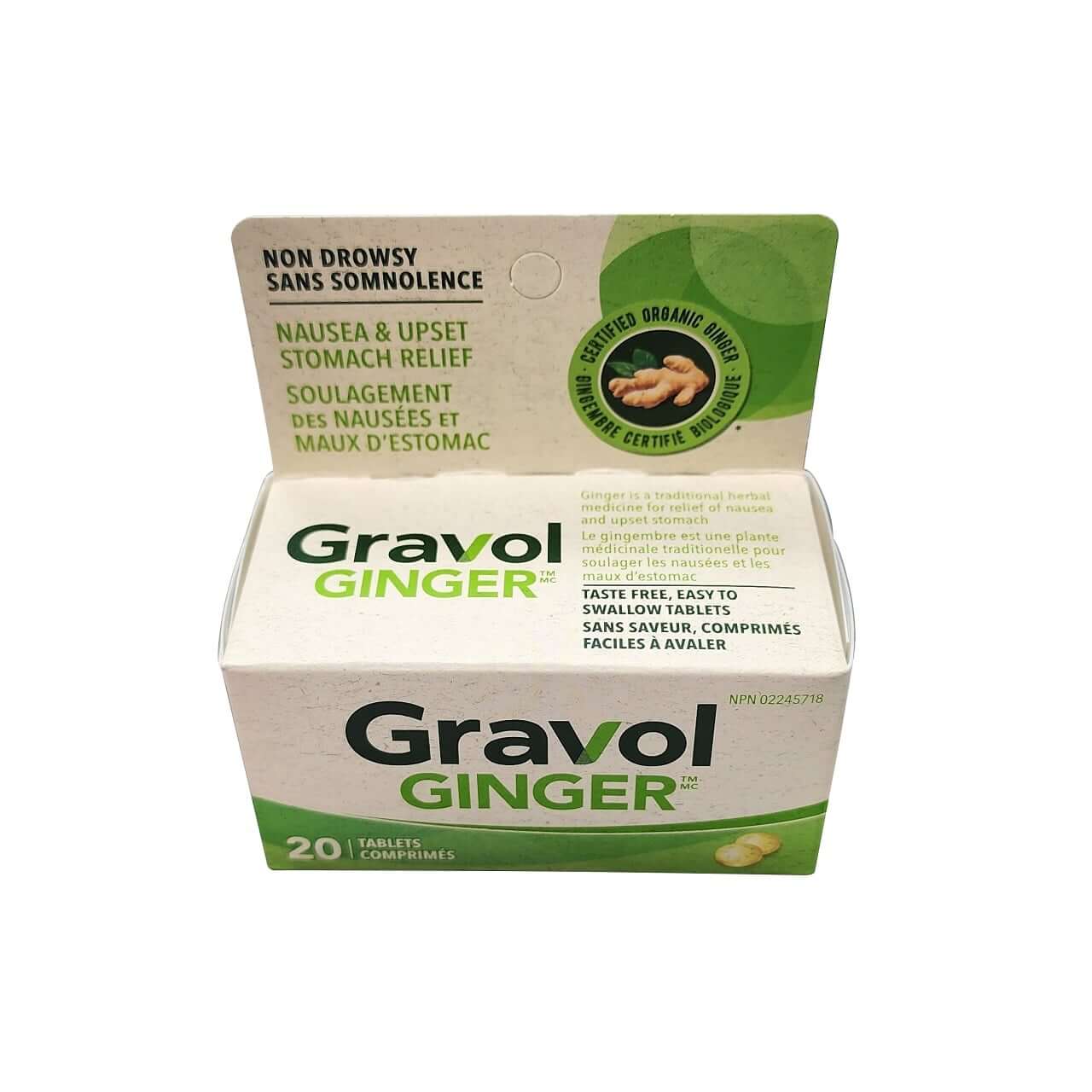 Product label and description for Gravol Ginger (20 tablets)