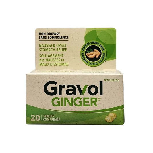 Product label for Gravol Ginger (20 tablets)
