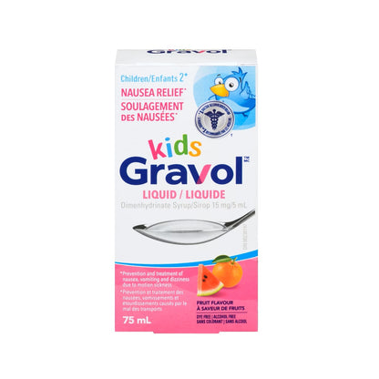 Product label for Gravol Kid's Liquid (75 mL) EN/FR