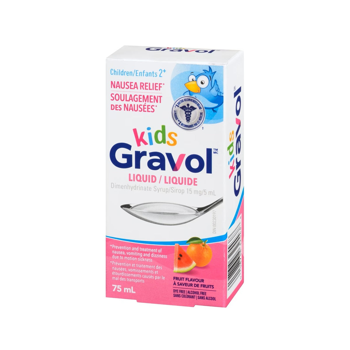 Product label for Gravol Kid's Liquid (75 mL) EN/FR