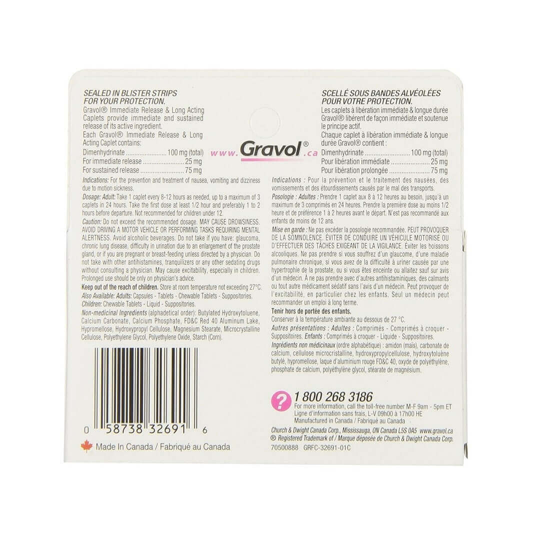 Indications, dosage, caution for Gravol Nausea Relief Immediate Release and Long Acting Caplets 100 mg (8 caplets)