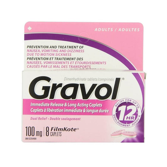Product label for Gravol Nausea Relief Immediate Release and Long Acting Caplets 100 mg (8 caplets)