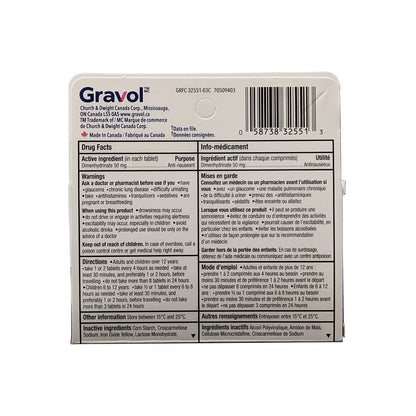 Ingredients, warnings, directions for Gravol Nausea Relief Dimenhydrinate USP 50 mg (10 tablets)