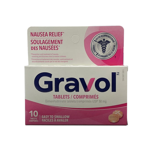 Product label for Gravol Nausea Relief Dimenhydrinate USP 50 mg (10 tablets)