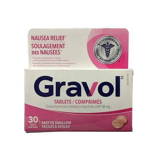 Product label for Gravol Nausea Relief Dimenhydrinate USP 50 mg (30 tablets)
