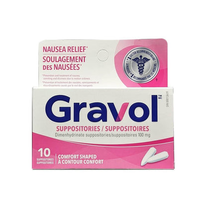Product label for Gravol Nausea Relief Dimenhydrinate USP 100 mg Suppositories (10 count)