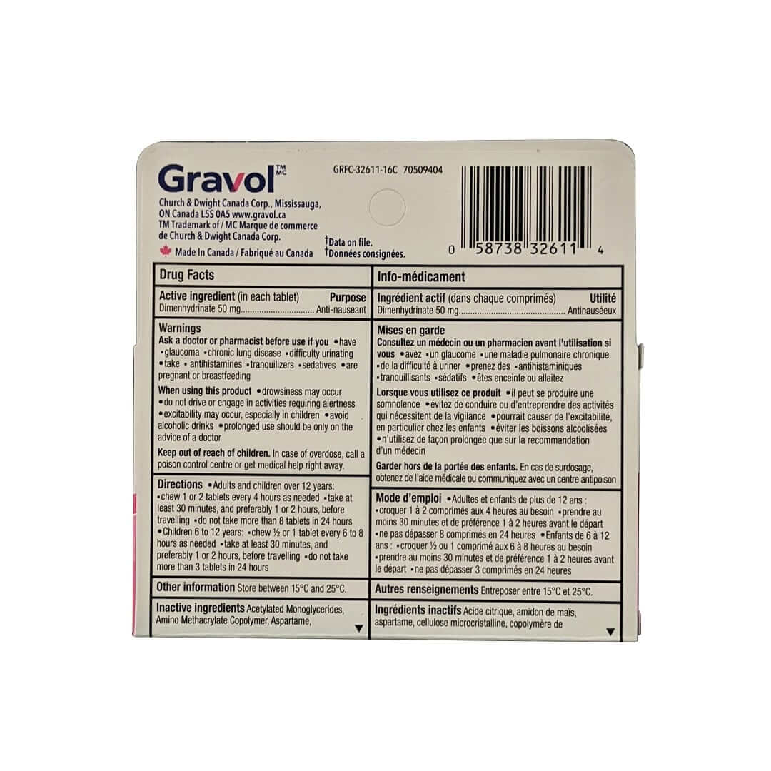 Ingredients, warnings, directions for Gravol Nausea Relief Dimenhydrinate USP 50 mg Chewables (8 tablets)