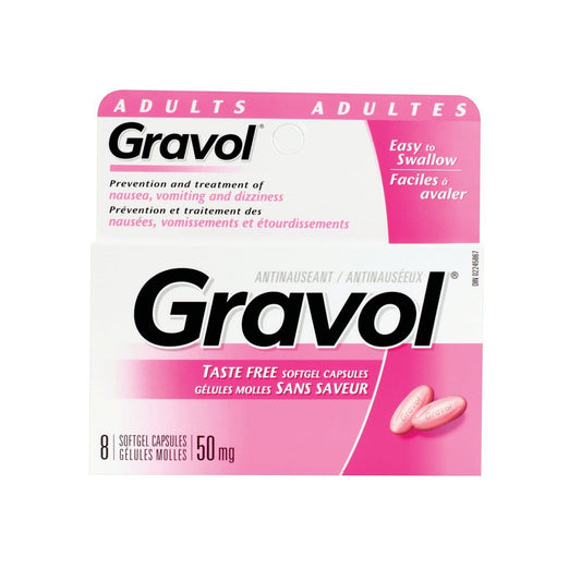 Product label for Gravol Nausea Relief Dimenhydrinate USP 50 mg Softgels (8 softgels)