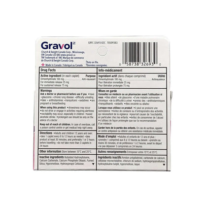 Ingredients, warnings, directions for Gravol Nausea Relief Immediate Release and Long Acting Caplets 100 mg (24 caplets)