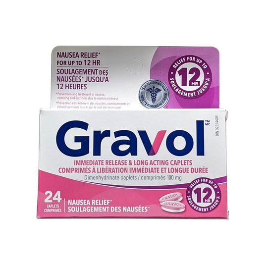 Product label for Gravol Nausea Relief Immediate Release and Long Acting Caplets 100 mg (24 caplets) 