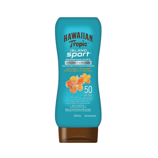 Product label for Hawaiian Tropic Island Sport SPF 50 (240 mL)