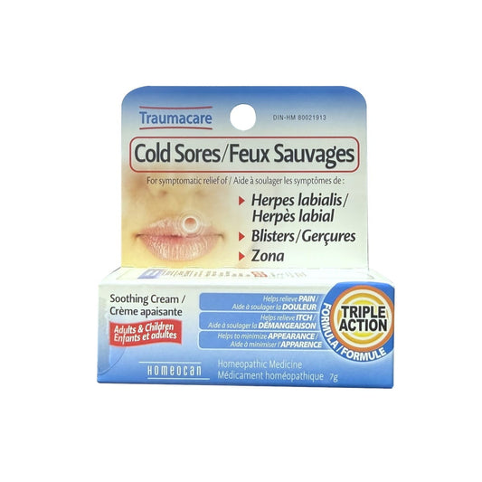 Product label for Homeocan Traumacare Cold Sore Cream (7 grams)