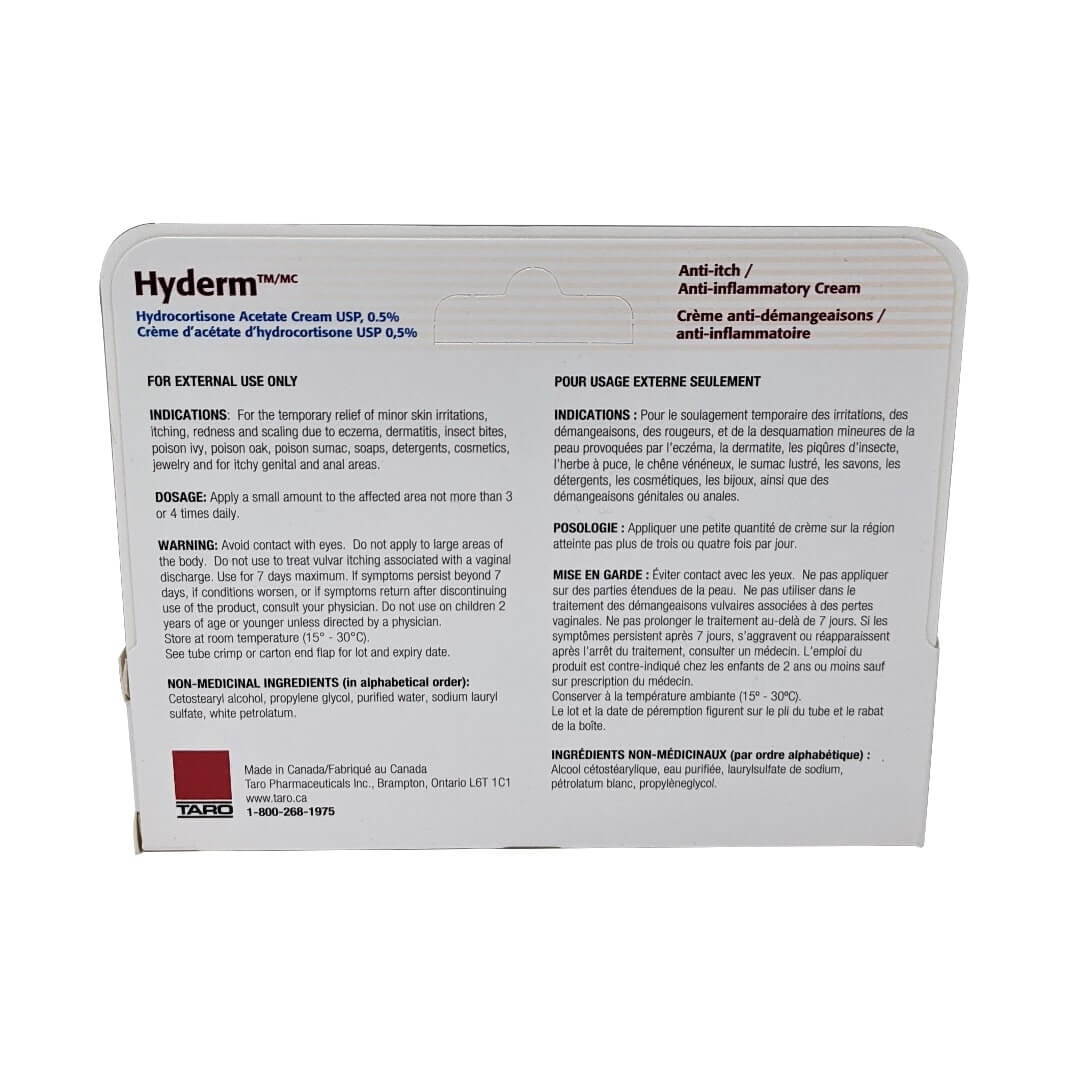 Indications, dosage, warnings, and ingredients for Taro Hyderm Hydrocortisone Acetate Cream 0.5%