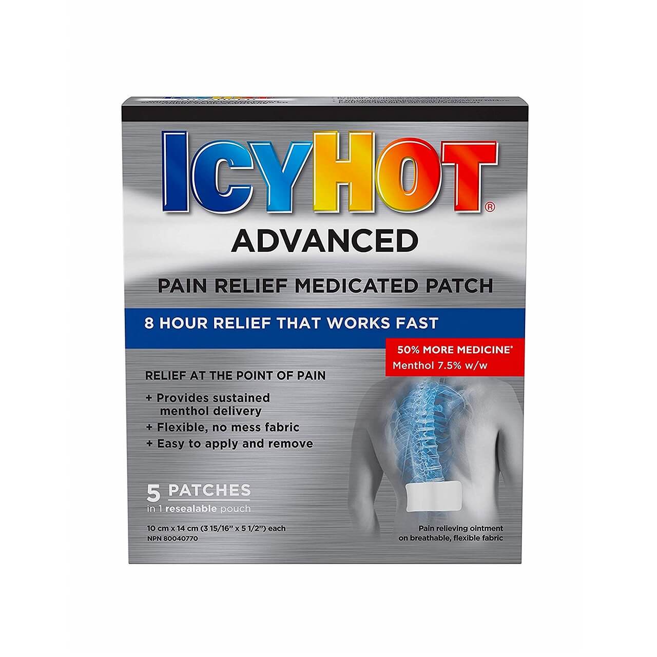 Product label for Icy Hot Advanced Medicated Pain Relief Medicated Patches (5 patches)