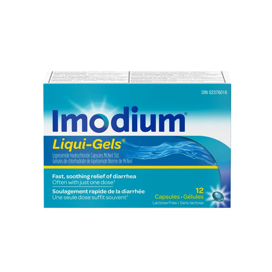 Product label for Imodium Loperamide Hydrochloride Liqui-Gels (12 capsules)