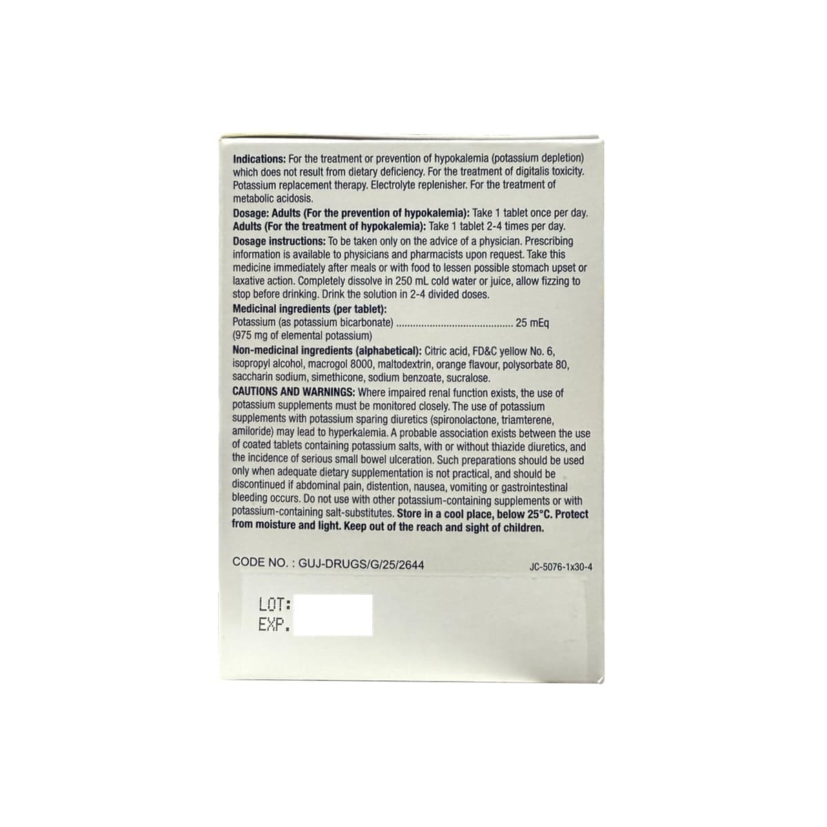 Indications, dosage, ingredients, cautions for JAMP-K Potassium Supplement Effervescent Tablets Orange Flavour (30 tablets) in English