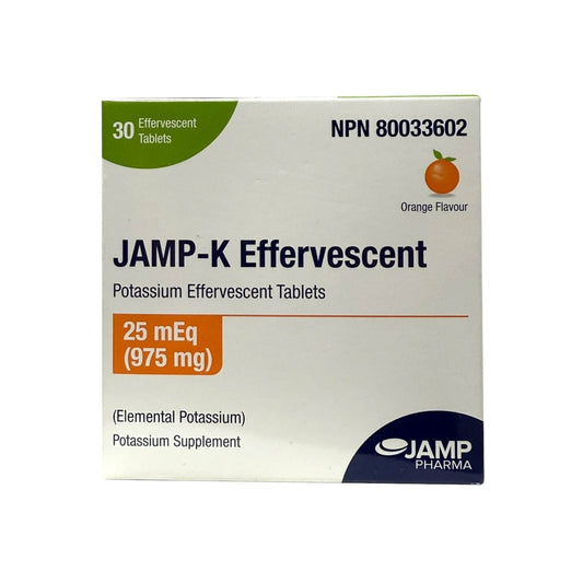 Product label for JAMP-K Potassium Supplement Effervescent Tablets Orange Flavour (30 tablets) in English
