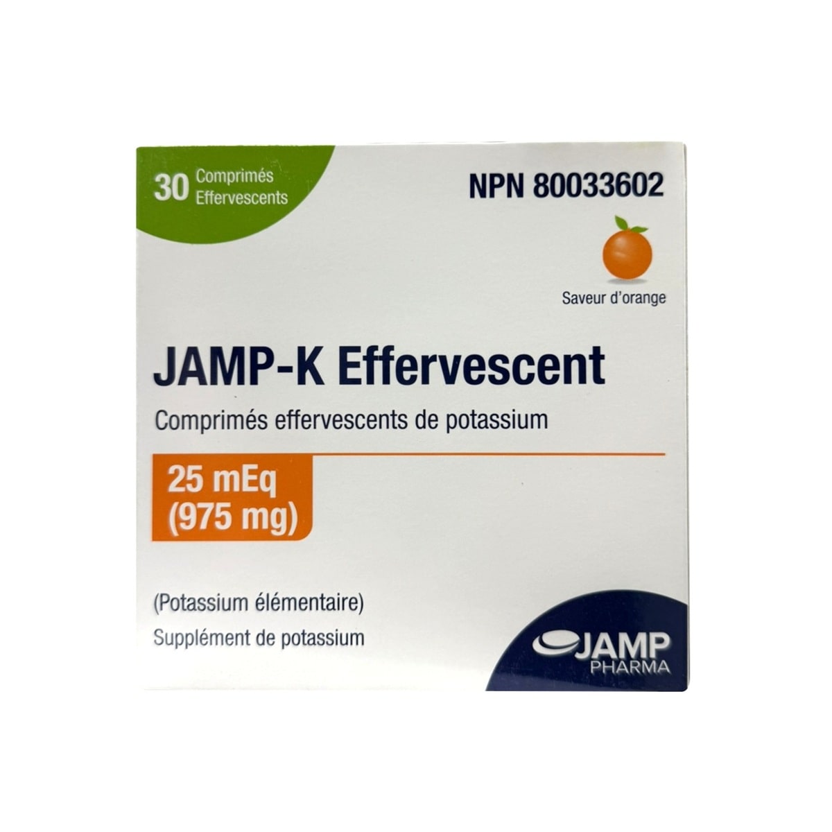 Product label for JAMP-K Potassium Supplement Effervescent Tablets Orange Flavour (30 tablets) in French