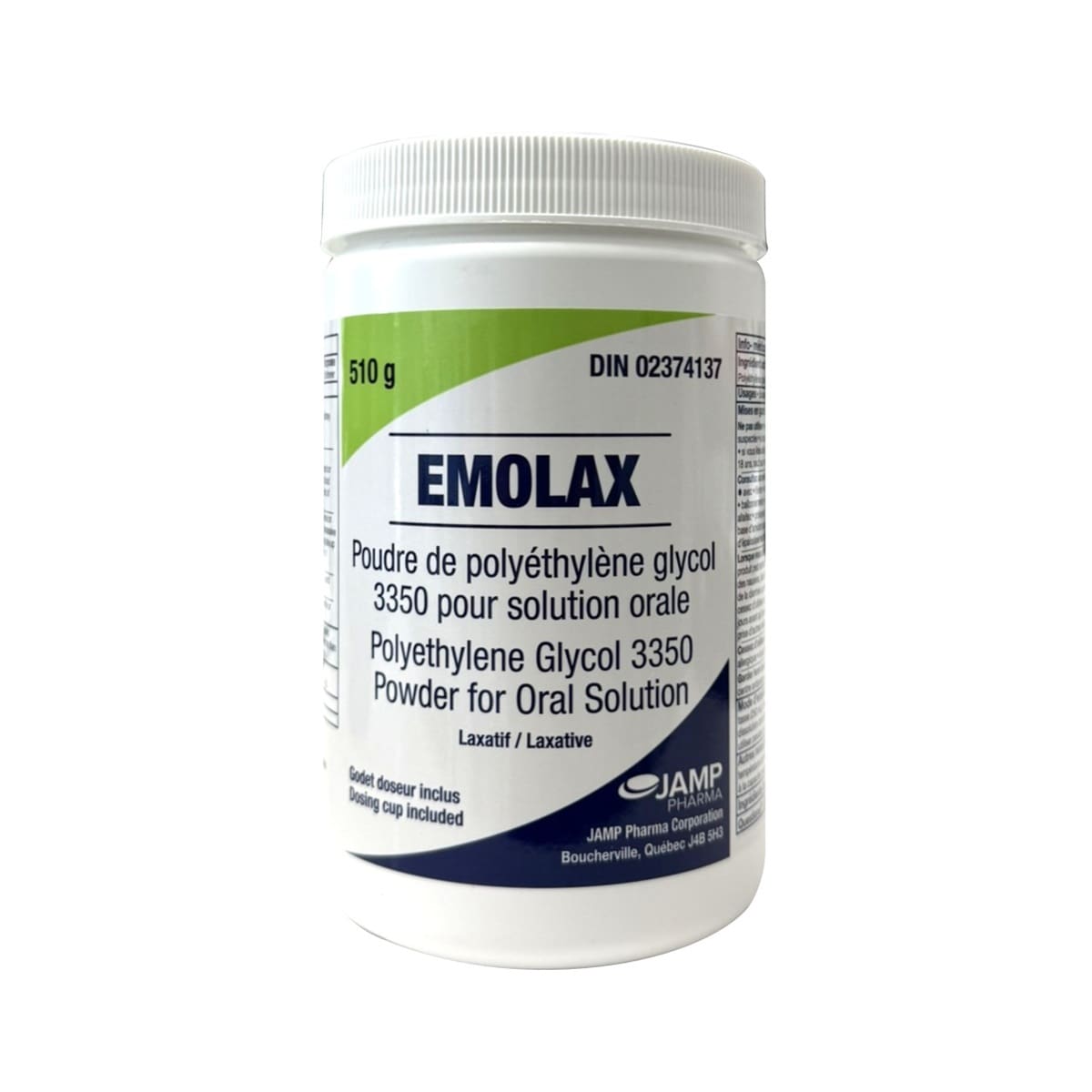 Product label for JAMP EMOLAX Laxative Powder (510 grams)