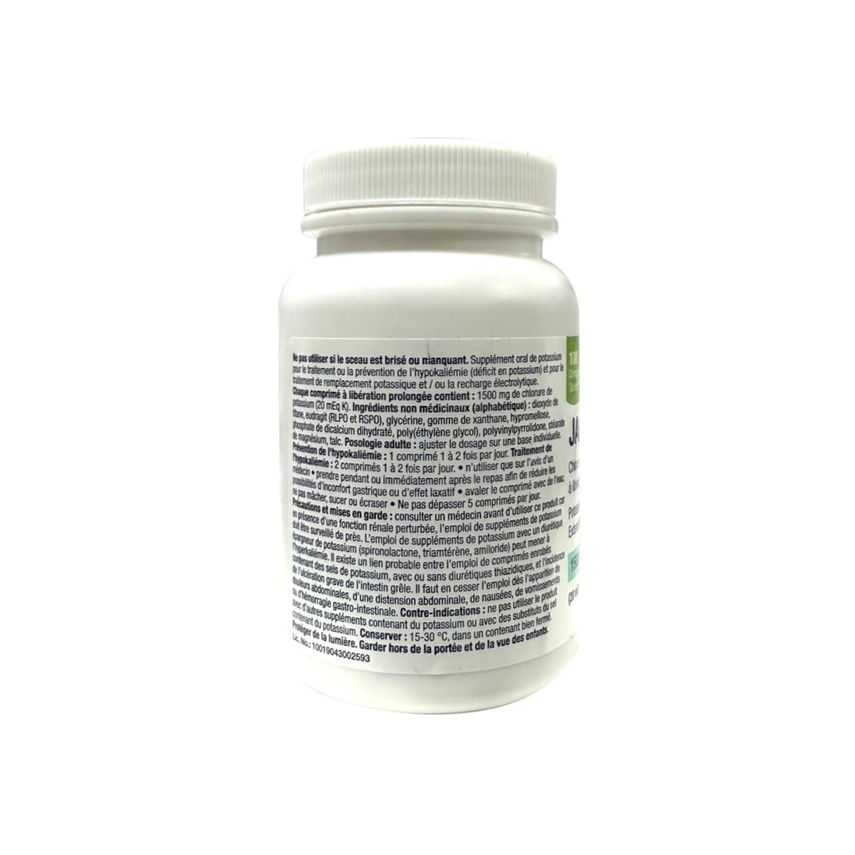 Product info for JAMP K20 Potassium Chloride 1500mg Extended Release (100 tablets) in French