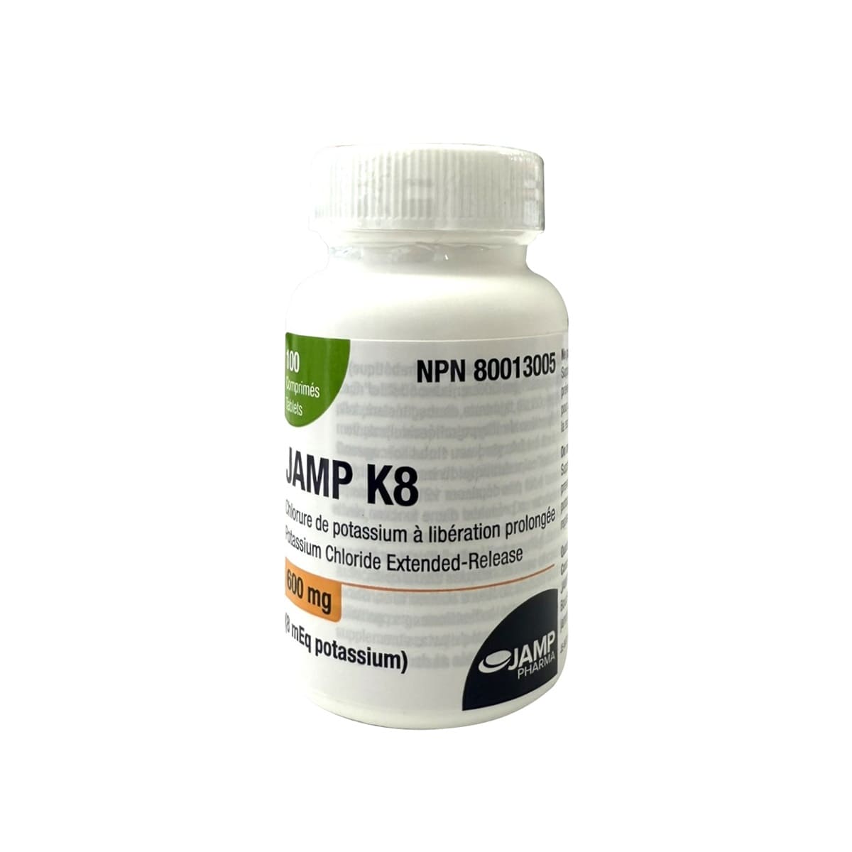 Product label for JAMP K8 Potassium Chloride 600mg (100 tablets)