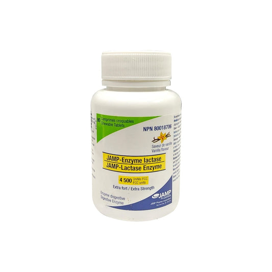 Product label for JAMP Lactase Enzyme Extra Strength 4500 FCC Units Vanilla Flavour (80 tablets)
