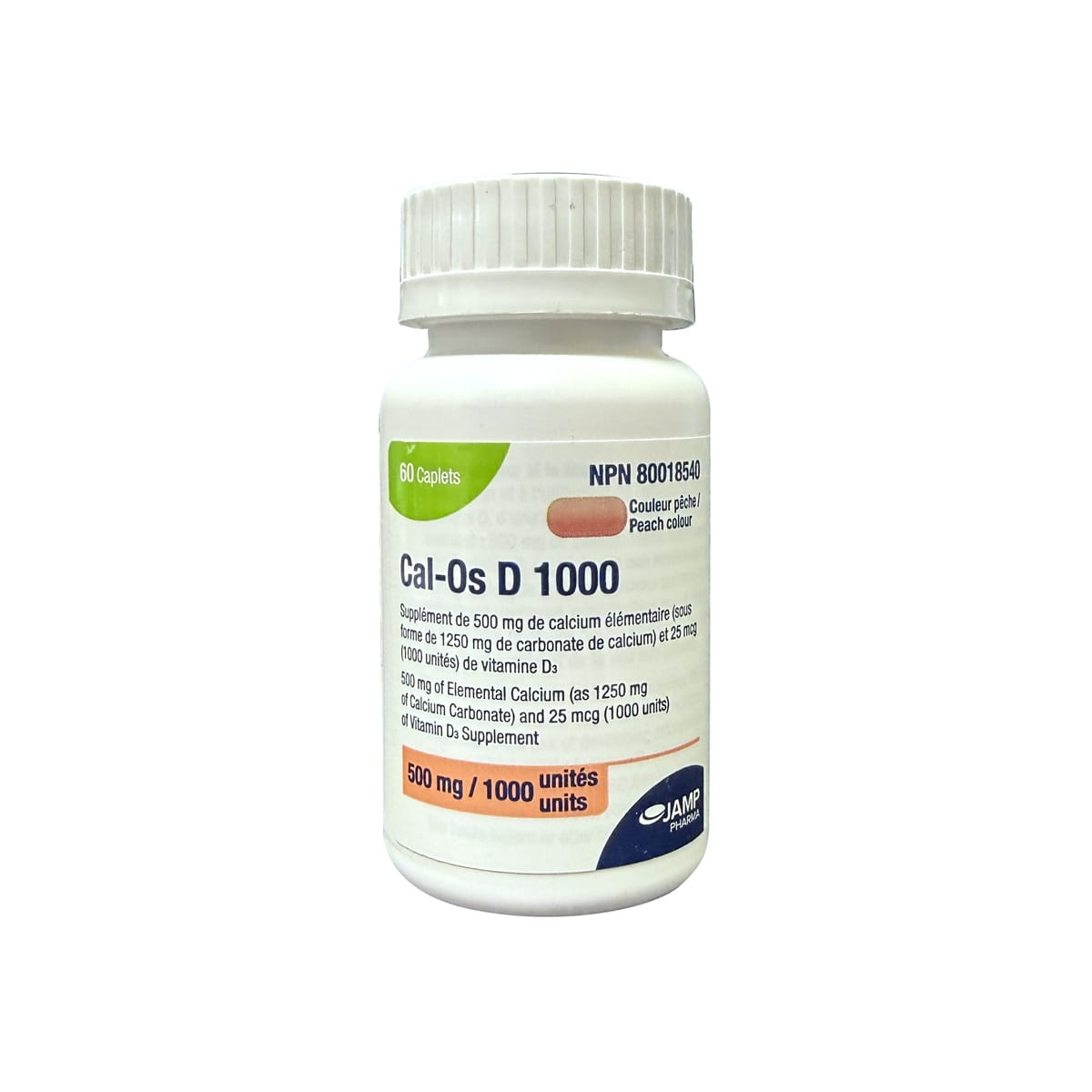 Product label for JAMP Pharma Cal-O's Calcium with Vitamin D3 (60 caplets)