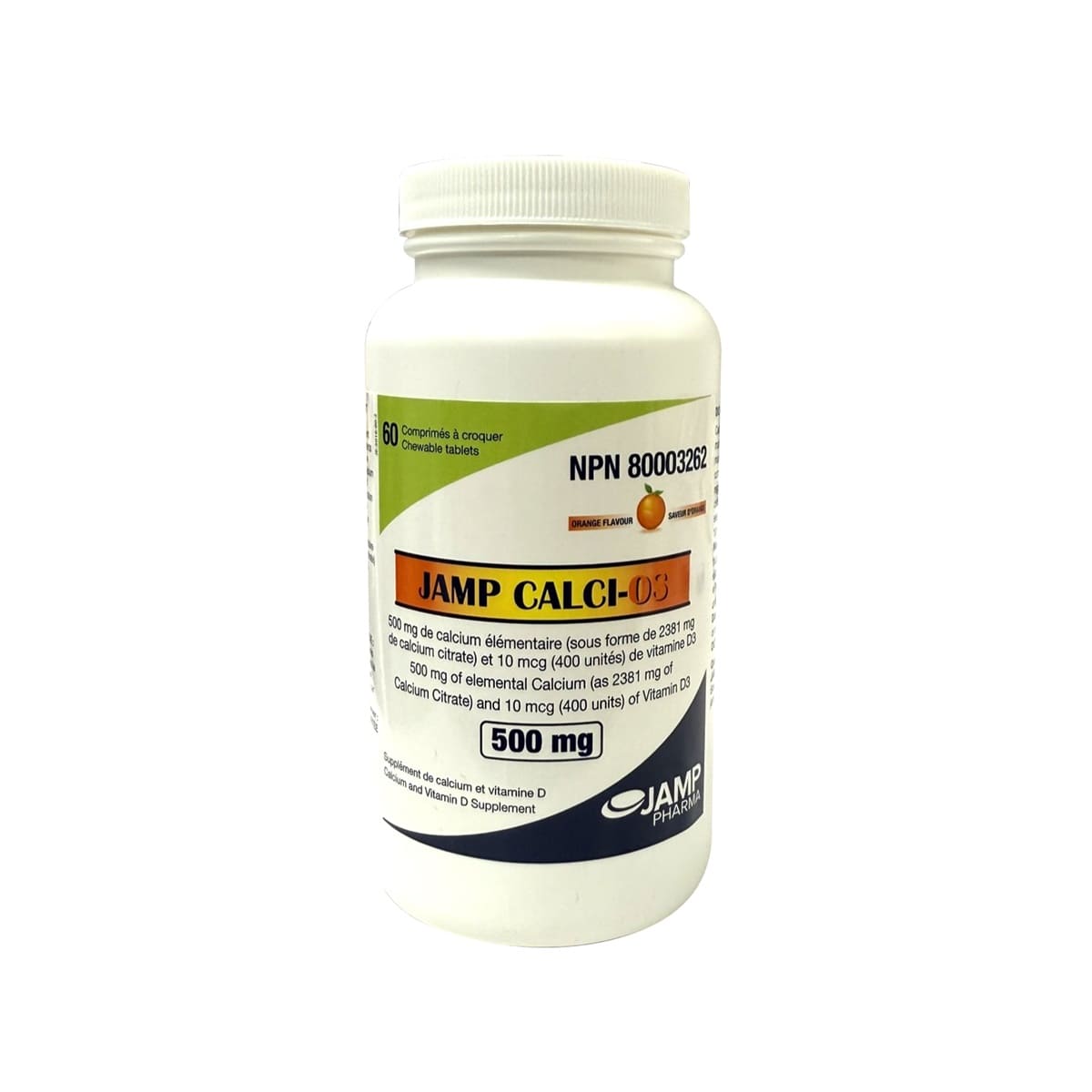 Product label for JAMP Pharma Calci-O's Calcium with Vitamin D3 (60 chewable tablets)