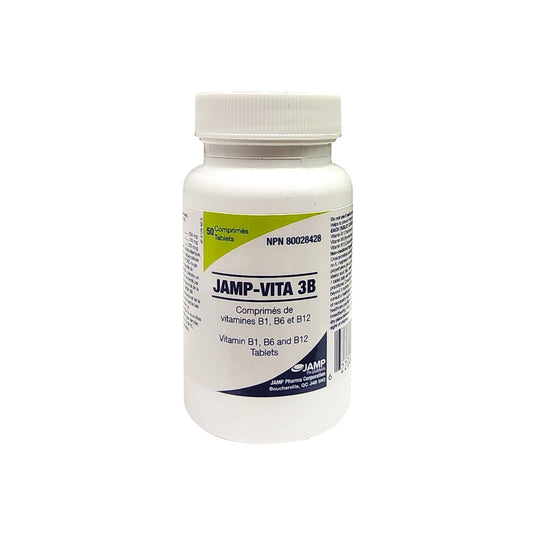 Product label for JAMP Vita 3B (Vitamin B1, B6, and B12) (50 tablets)