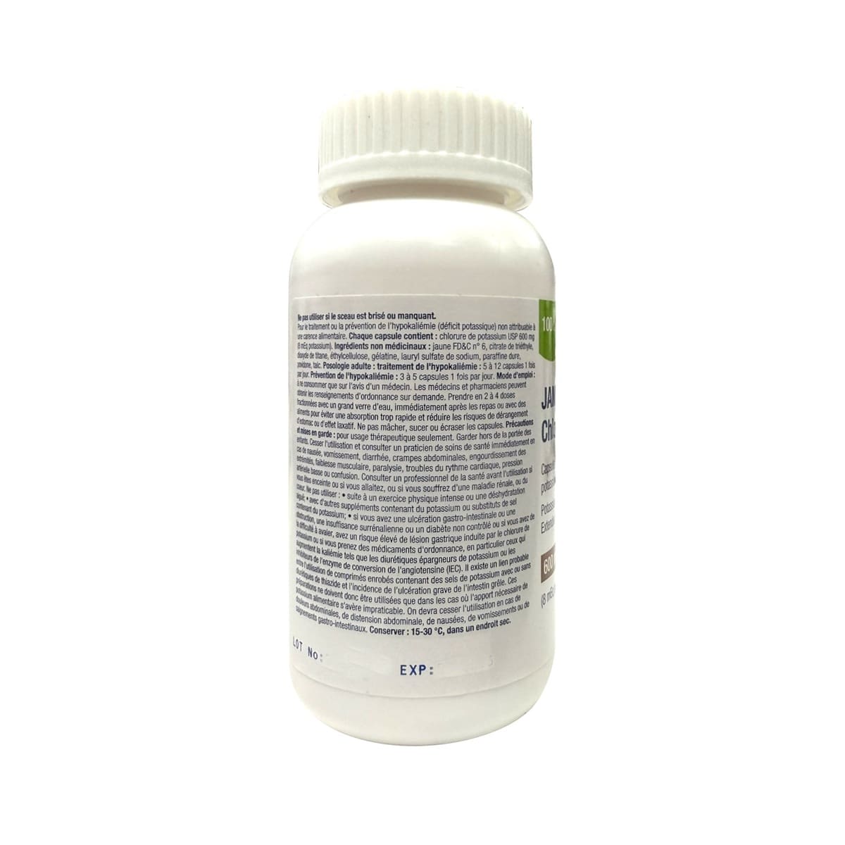 Product info for JAMP Potassium Chloride Extended Release 600mg (100 capsules) in French