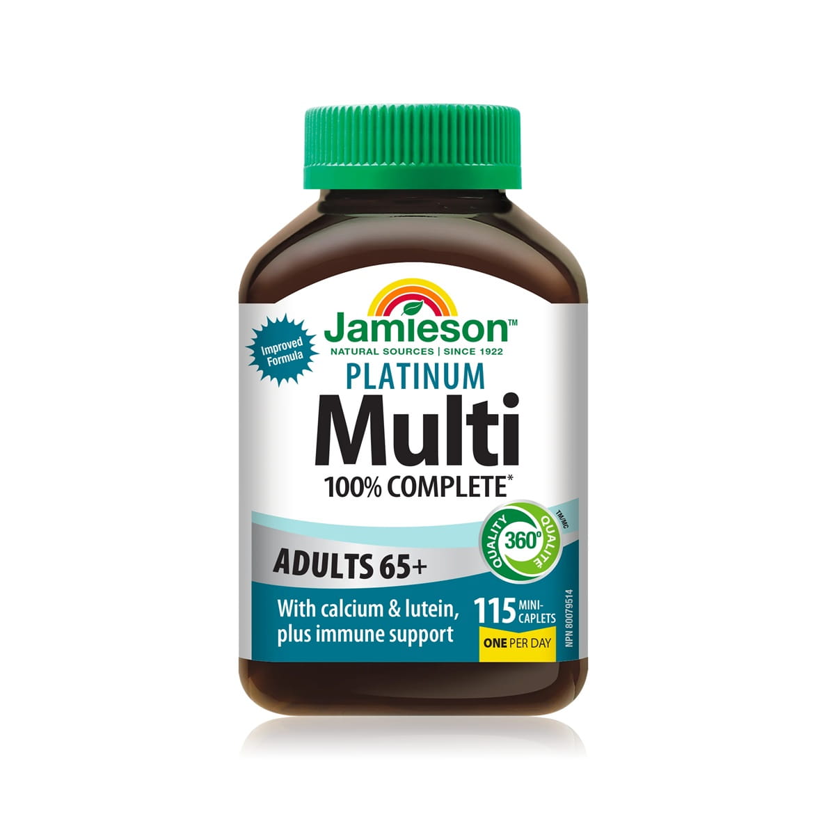 Product label for Jamieson 100% Complete Platinum Multivitamin for Adults 65+ (115 caplets) EN