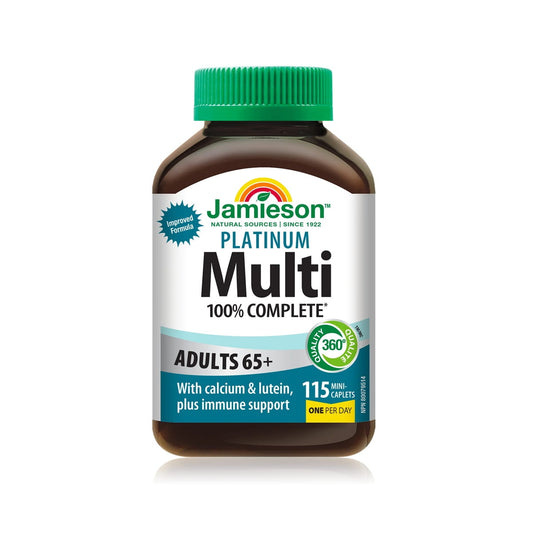 Product label for Jamieson 100% Complete Platinum Multivitamin for Adults 65+ (115 caplets) EN