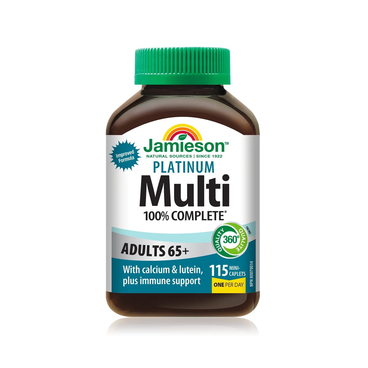 Product label for Jamieson 100% Complete Platinum Multivitamin for Adults 65+ (115 caplets) FR