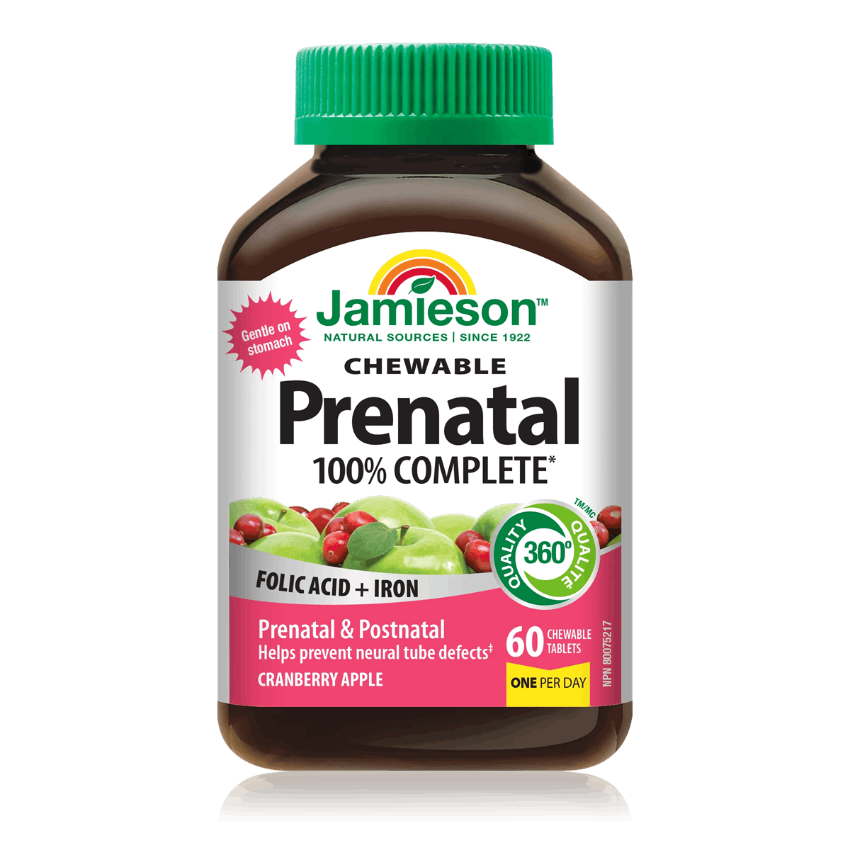 Product label for Jamieson 100% Complete Prenatal Multivitamin Chewables (60 chewables) EN