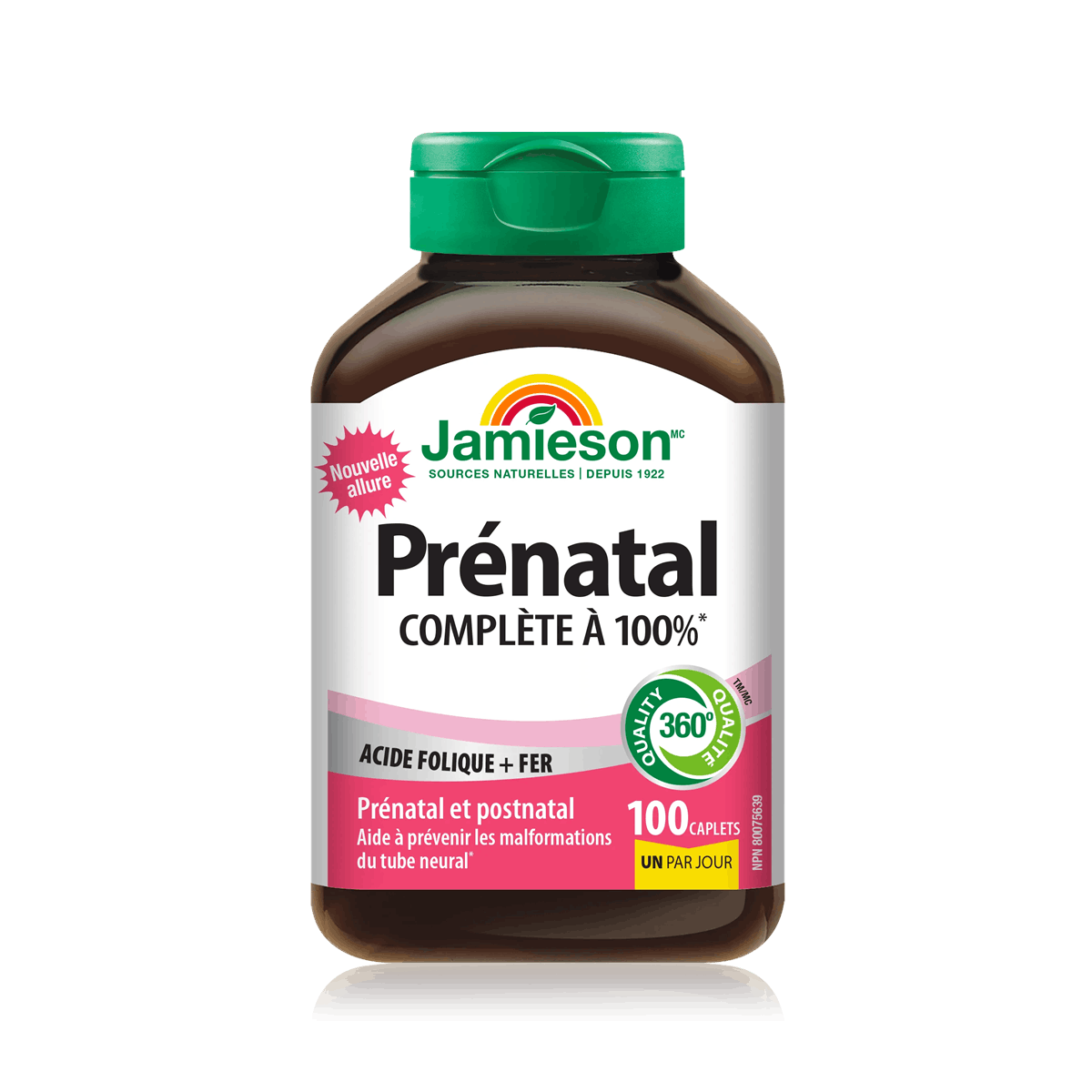 Product label for Jamieson 100% Complete Prenatal Multivitamin (100 caplets) FR