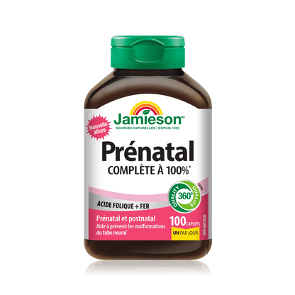 Product label for Jamieson 100% Complete Prenatal Multivitamin (100 caplets) FR
