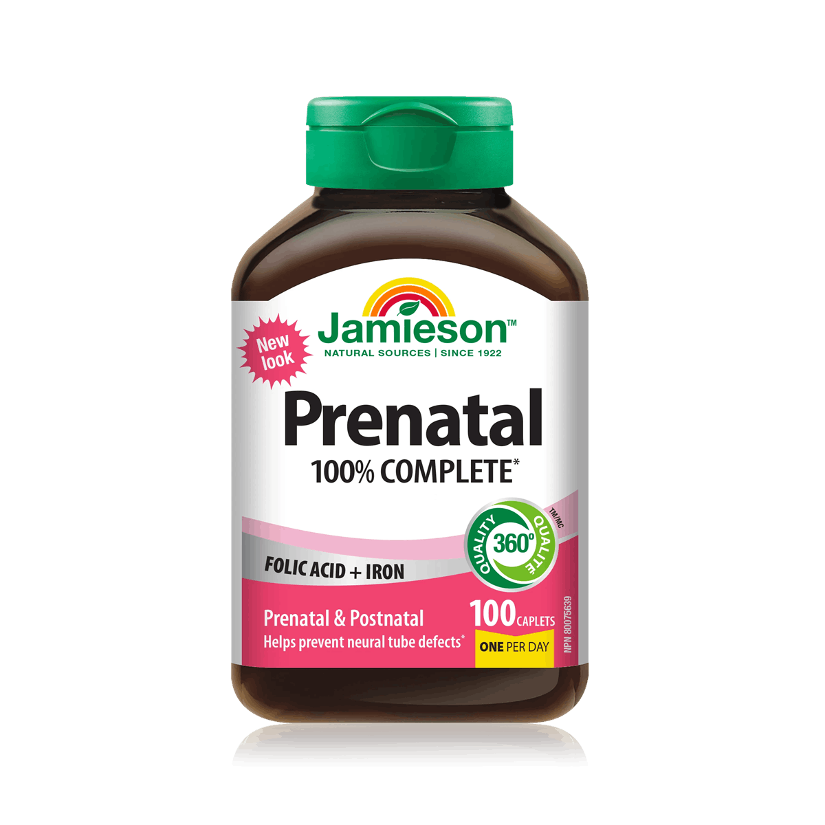 Product label for Jamieson 100% Complete Prenatal Multivitamin (100 caplets) EN