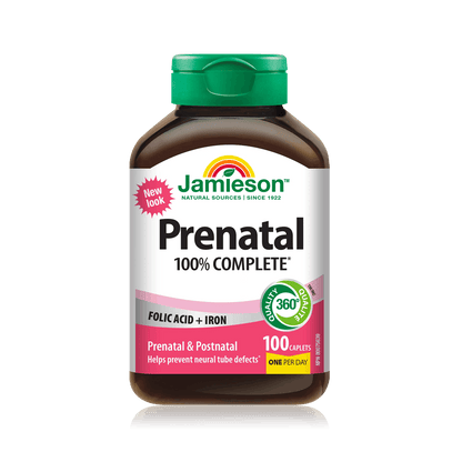 Product label for Jamieson 100% Complete Prenatal Multivitamin (100 caplets) EN