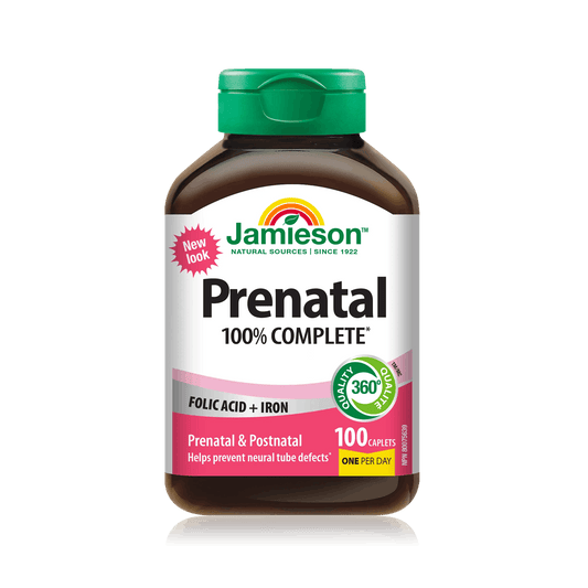 Product label for Jamieson 100% Complete Prenatal Multivitamin (100 caplets) EN