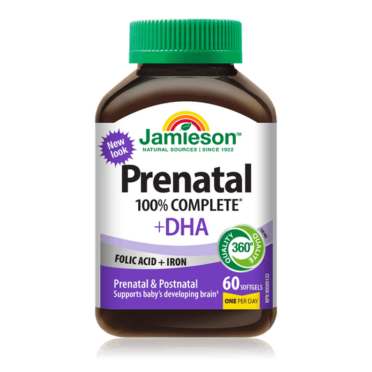 Product label for Jamieson 100% Complete Prenatal Multivitamin with DHA (60 softgels) EN